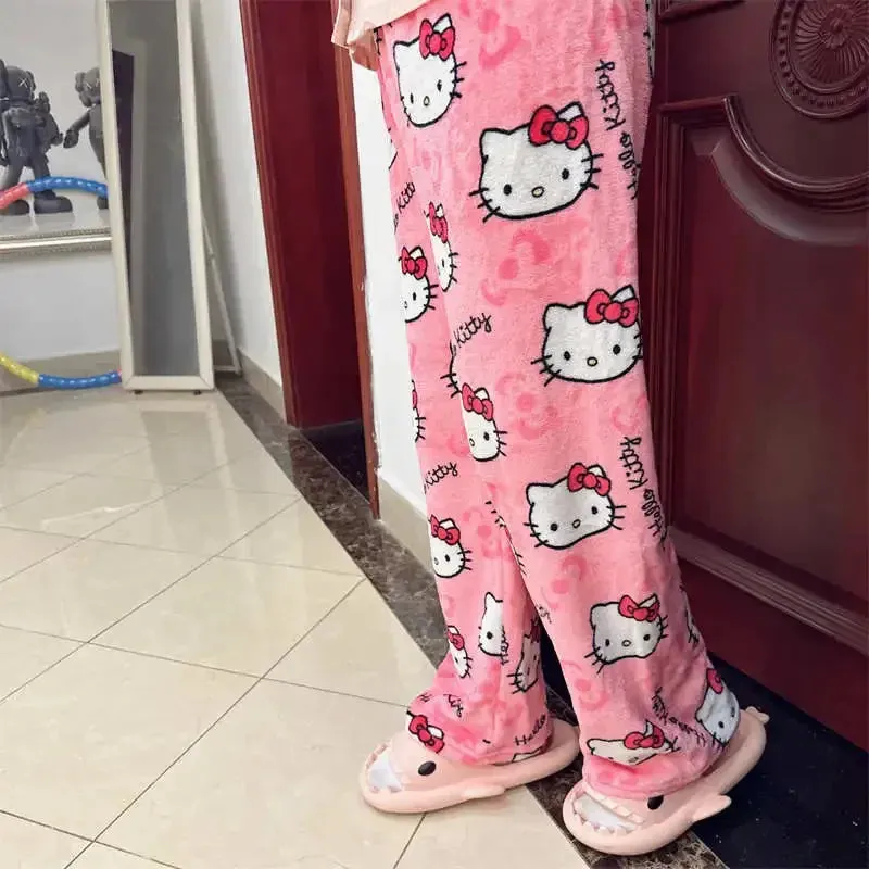Sanrio Hello Kitty Kawaii Fleece Pajama Pants – Soft Coral Velvet Lounge Trousers for Women, Cozy Cartoon Sleepwear, Cute Anime Homewear, Birthday Gift