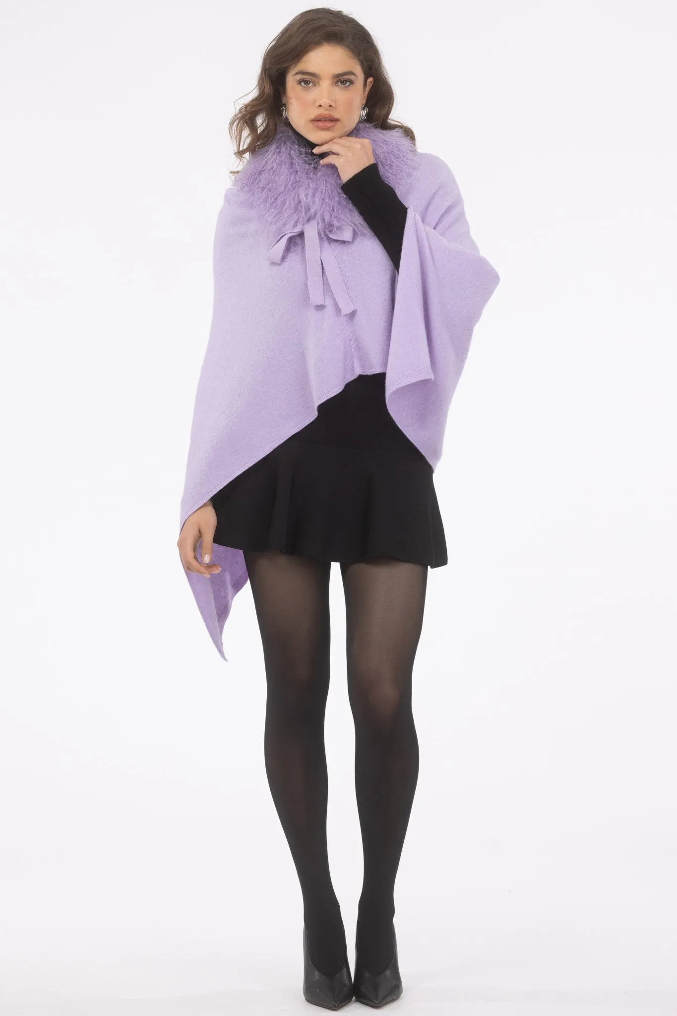 Select Cashmere and Merino Wool Blend Poncho with Select Mongolian Lamb Collar