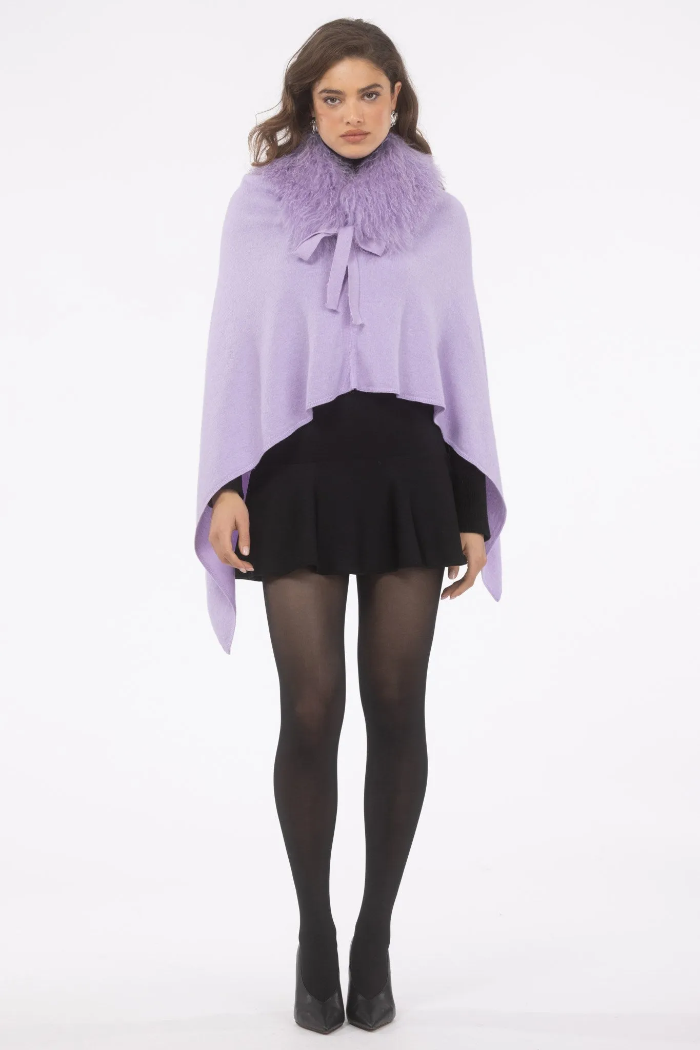 Select Cashmere and Merino Wool Blend Poncho with Select Mongolian Lamb Collar