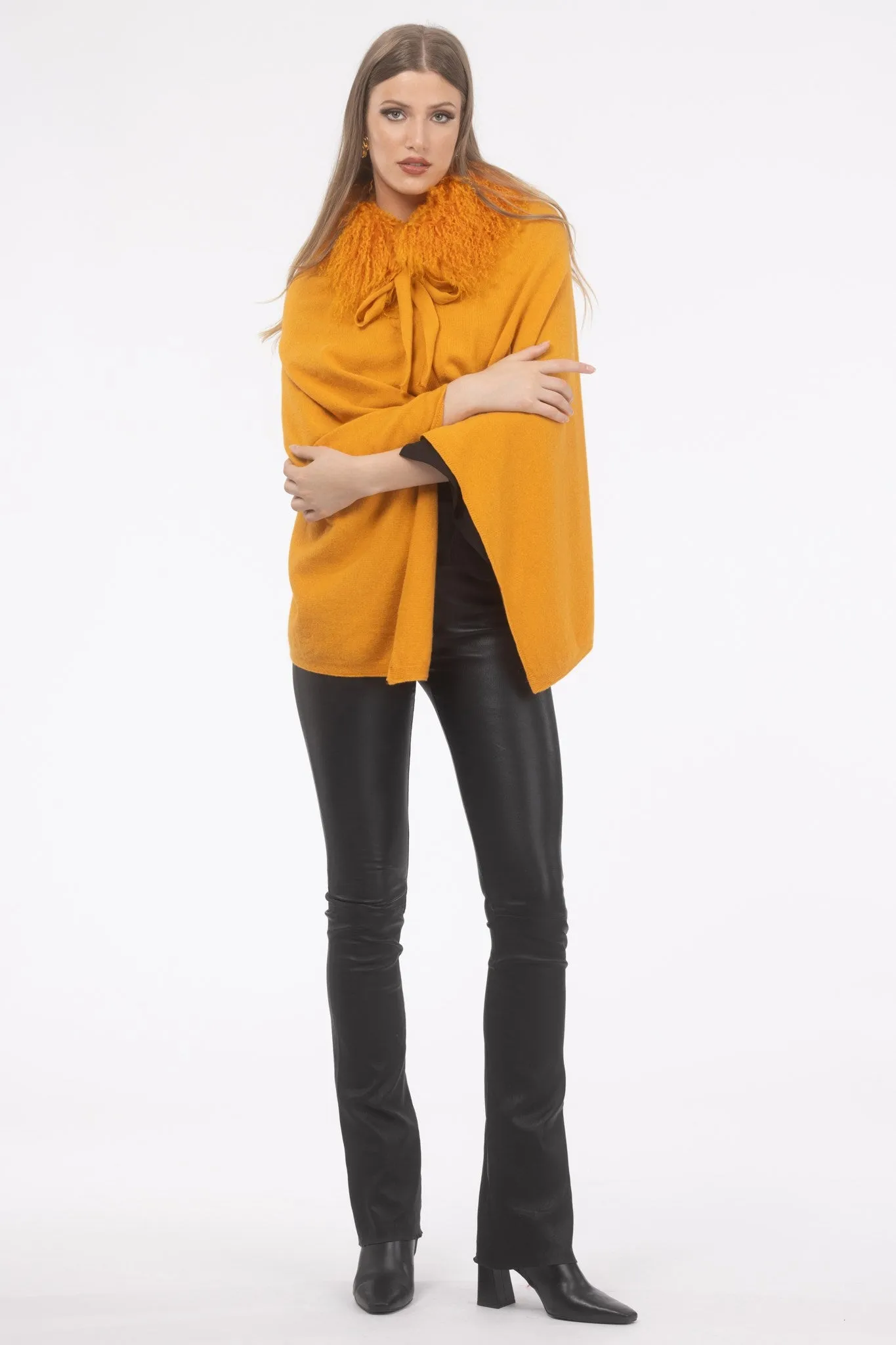 Select Cashmere and Merino Wool Blend Poncho with Select Mongolian Lamb Collar