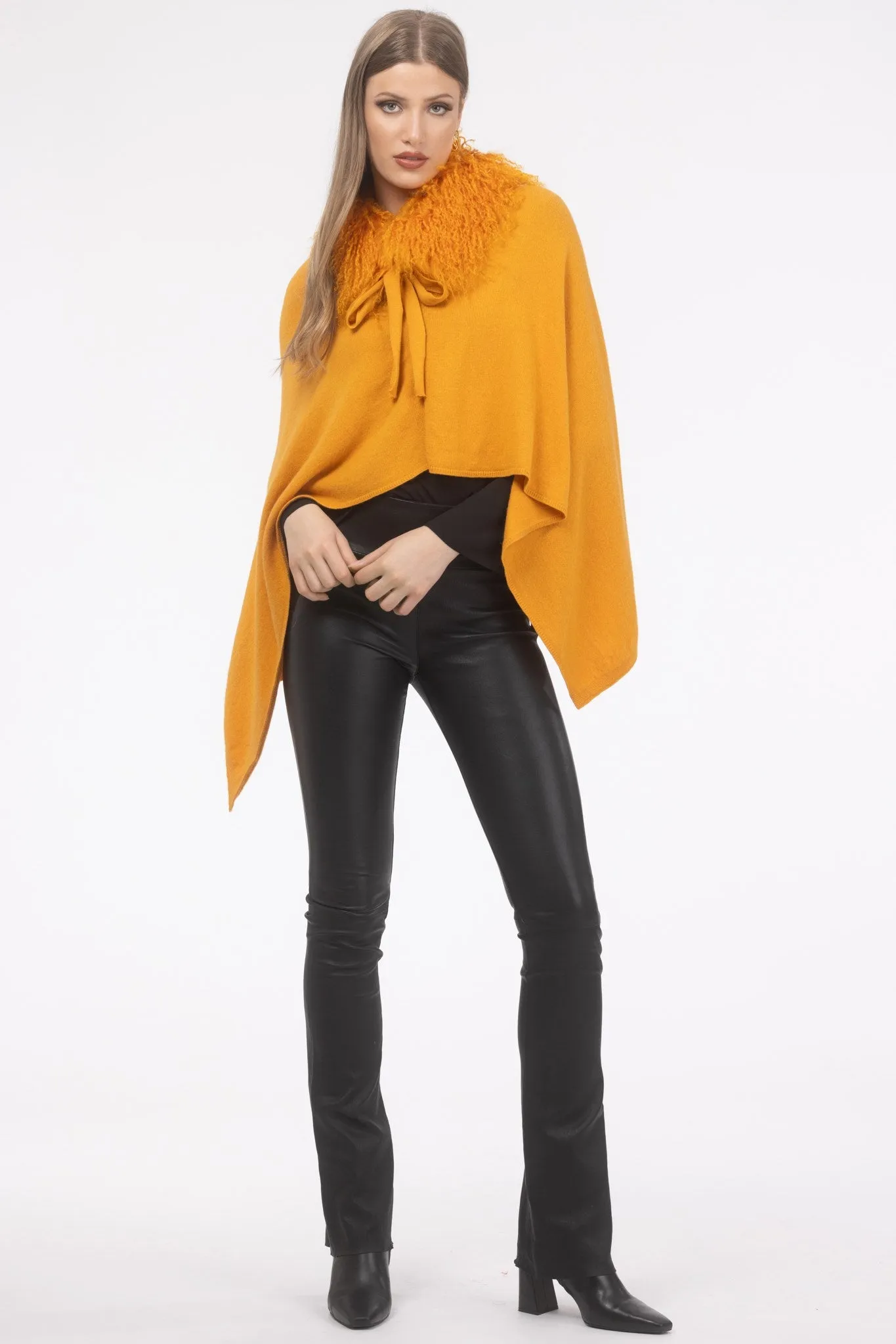 Select Cashmere and Merino Wool Blend Poncho with Select Mongolian Lamb Collar