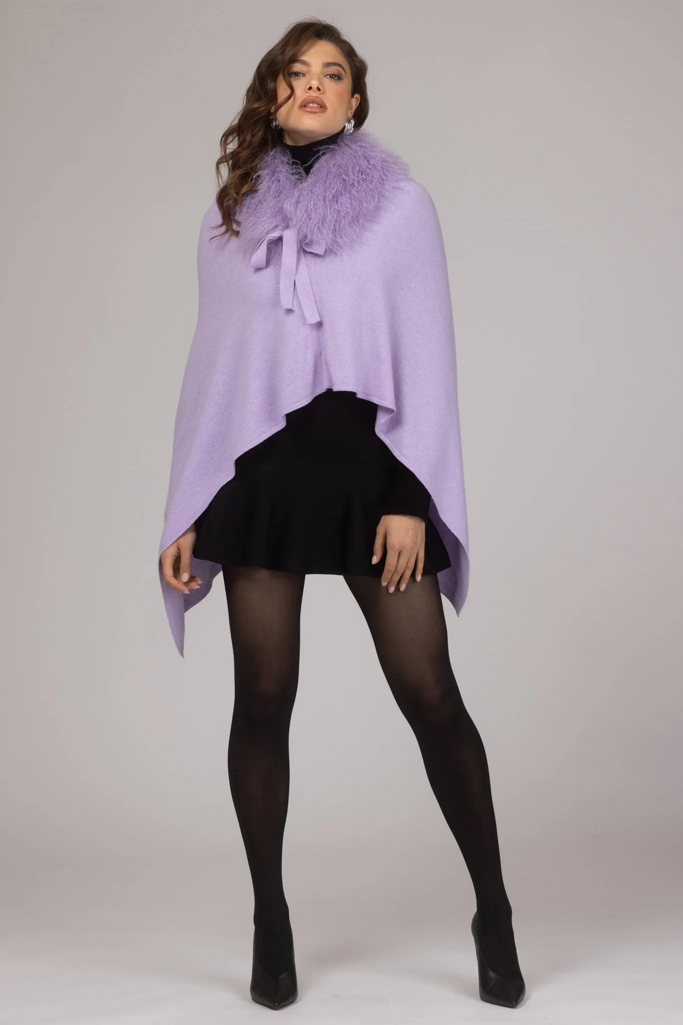 Select Cashmere and Merino Wool Blend Poncho with Select Mongolian Lamb Collar