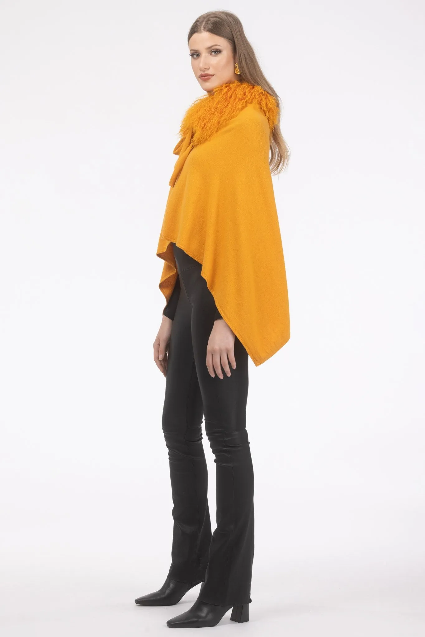 Select Cashmere and Merino Wool Blend Poncho with Select Mongolian Lamb Collar