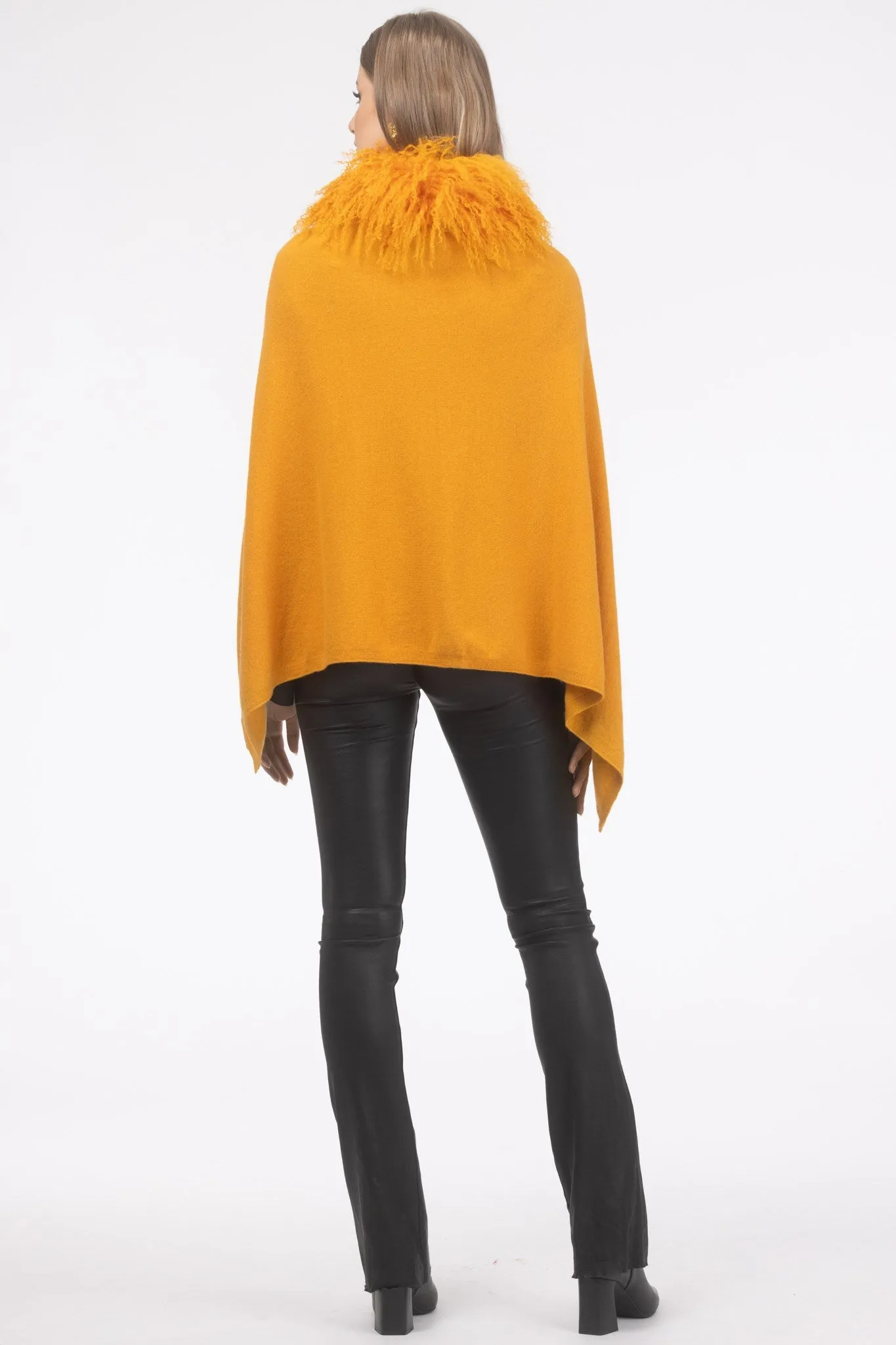 Select Cashmere and Merino Wool Blend Poncho with Select Mongolian Lamb Collar