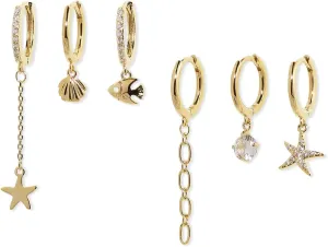 Sonateomber Gold Small Hoop Earrings Set for Women, Cute Rhinestone Drop Stacking Star Starfish Moon Cartilage Ocean Beach Earings Prom Fashion Jewelry Gift
