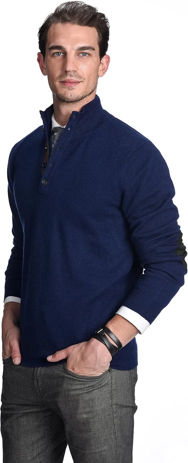 State Cashmere Men's Button Up Mock Neck Sweater 100% Pure Cashmere Long Sleeve Polo Quarter Collar Pullover