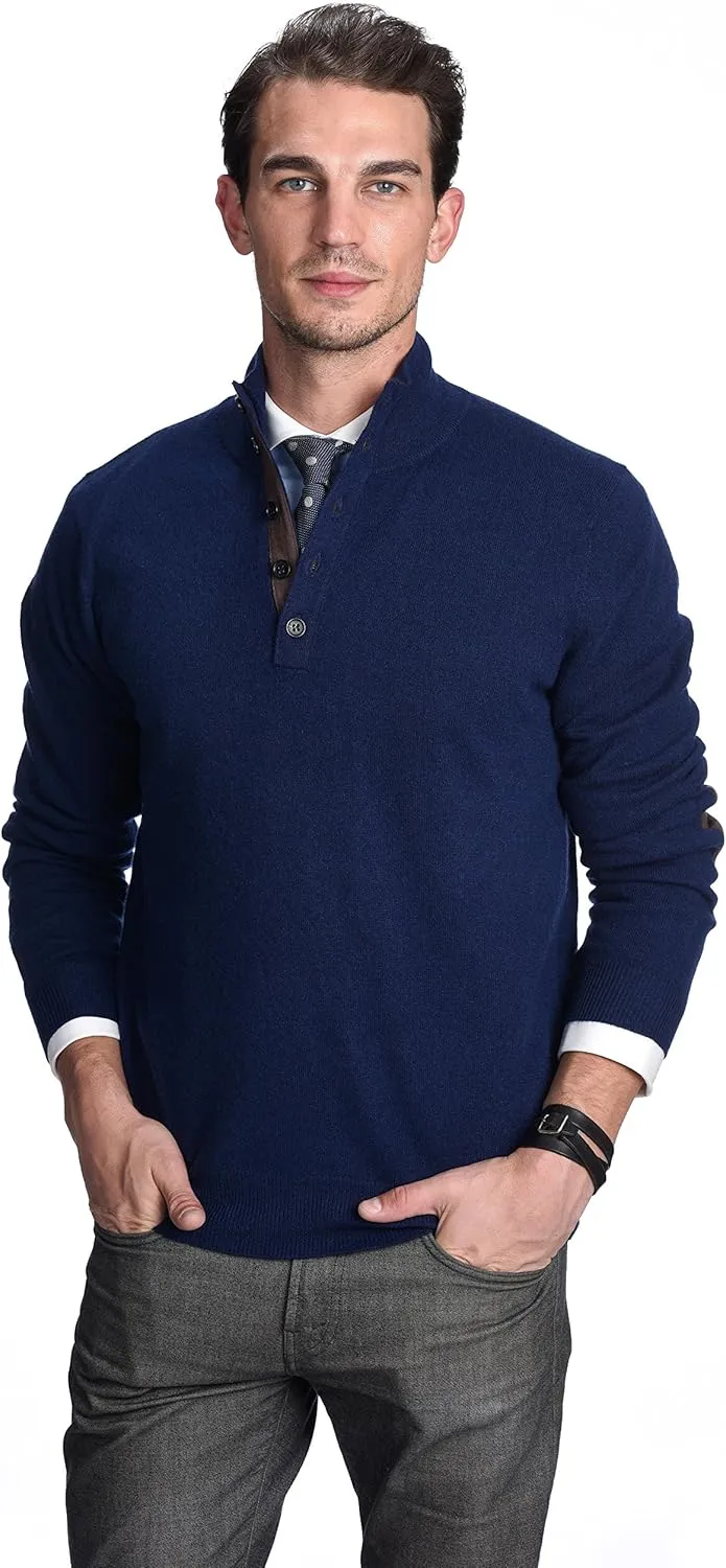 State Cashmere Men's Button Up Mock Neck Sweater 100% Pure Cashmere Long Sleeve Polo Quarter Collar Pullover