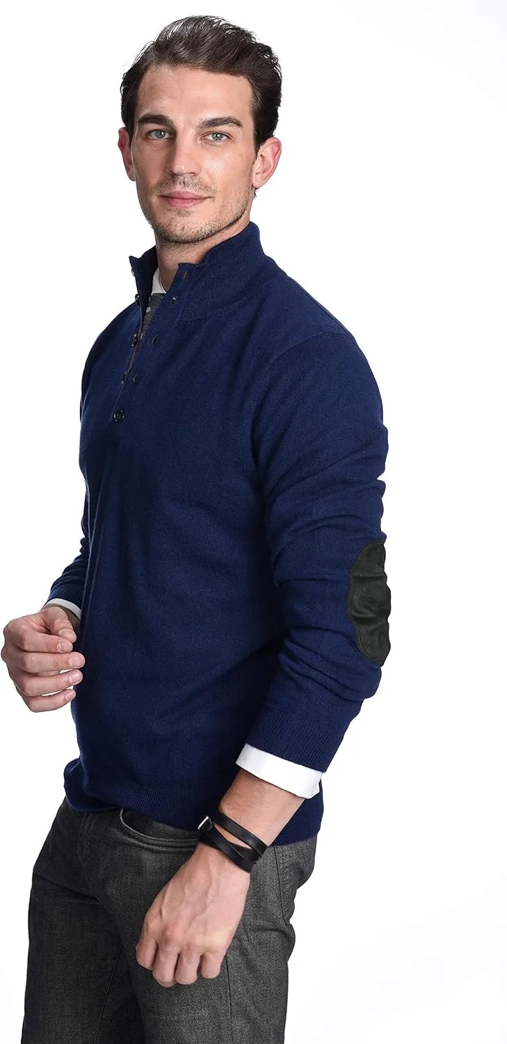 State Cashmere Men's Button Up Mock Neck Sweater 100% Pure Cashmere Long Sleeve Polo Quarter Collar Pullover