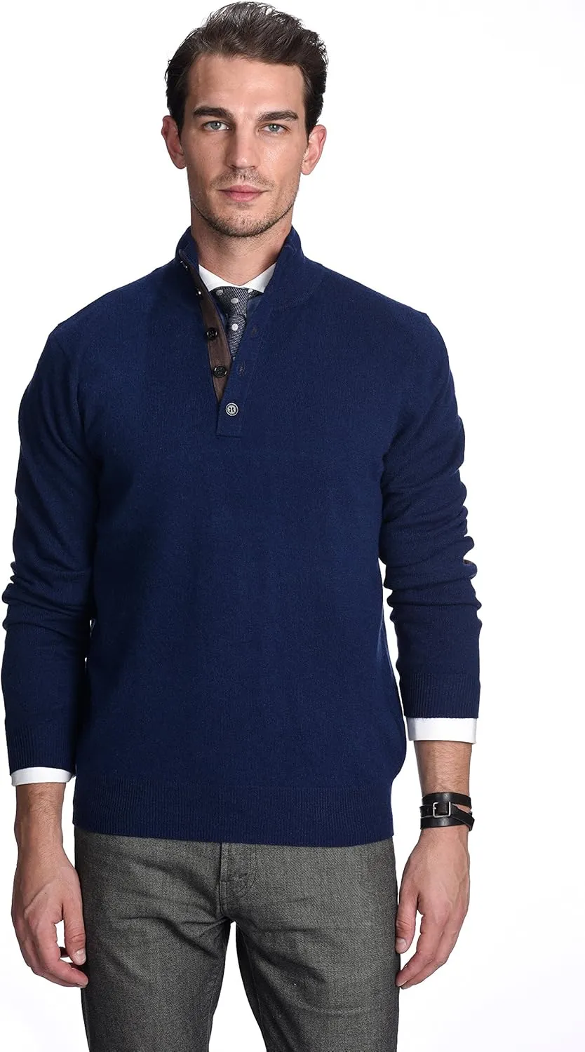 State Cashmere Men's Button Up Mock Neck Sweater 100% Pure Cashmere Long Sleeve Polo Quarter Collar Pullover