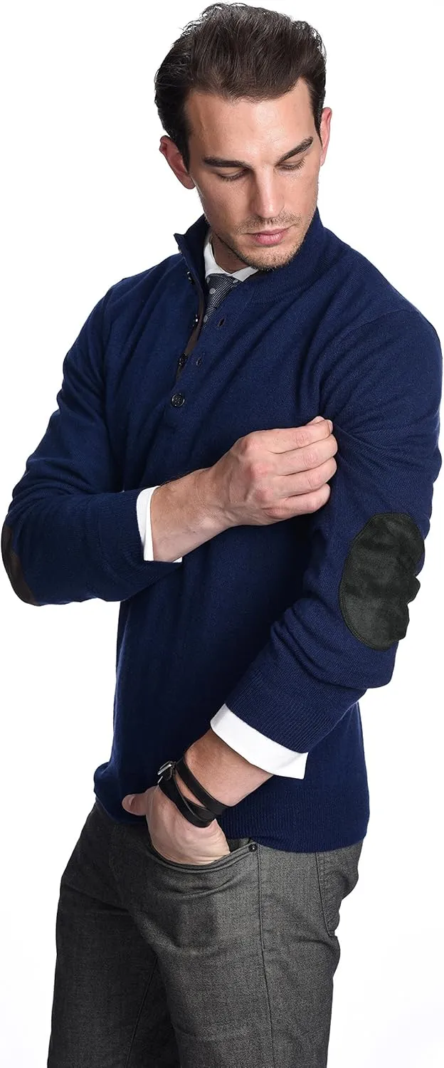 State Cashmere Men's Button Up Mock Neck Sweater 100% Pure Cashmere Long Sleeve Polo Quarter Collar Pullover