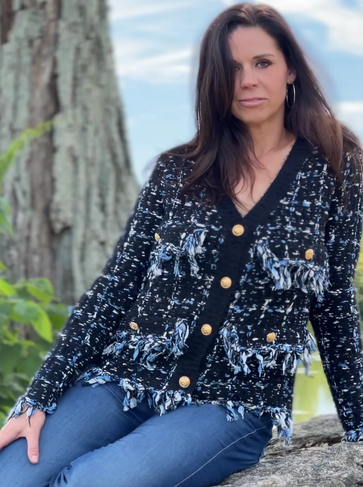 Sweater knit Tweed Jacket (Black.Blue)