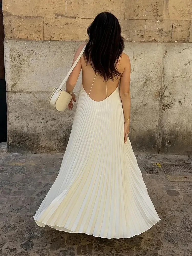 TAVIMART  -  Sexy Backless Women Pleated Halter Maxi Dress Fashion Loose Sleeveless Solid Dresses 2024 Summer Female Chic Vacation Robes