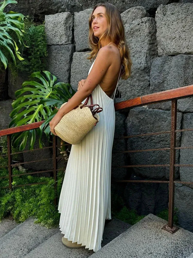 TAVIMART  -  Sexy Backless Women Pleated Halter Maxi Dress Fashion Loose Sleeveless Solid Dresses 2024 Summer Female Chic Vacation Robes