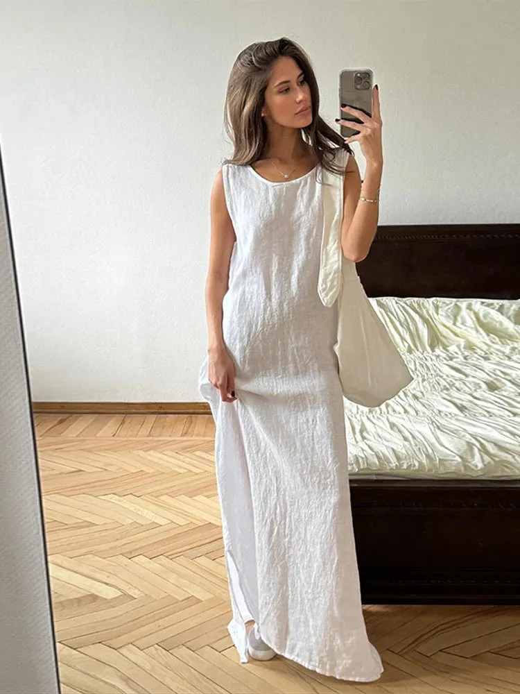 TAVIMART  -  Women Casual Solid Loose Cotton Linen Maxi Dress Elegant O-neck Sleeveless Split Dresses 2024 Summer Female Street Robes