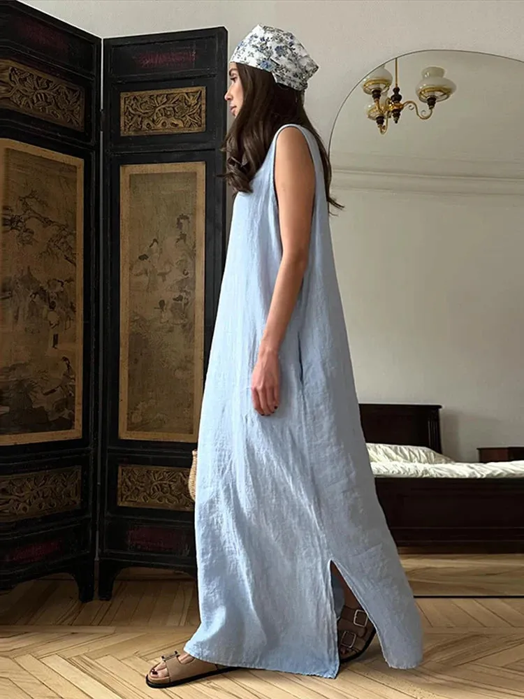 TAVIMART  -  Women Casual Solid Loose Cotton Linen Maxi Dress Elegant O-neck Sleeveless Split Dresses 2024 Summer Female Street Robes