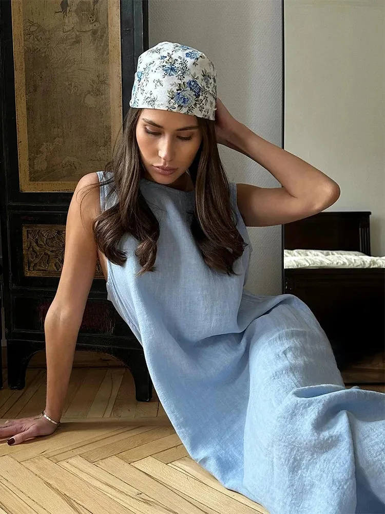 TAVIMART  -  Women Casual Solid Loose Cotton Linen Maxi Dress Elegant O-neck Sleeveless Split Dresses 2024 Summer Female Street Robes