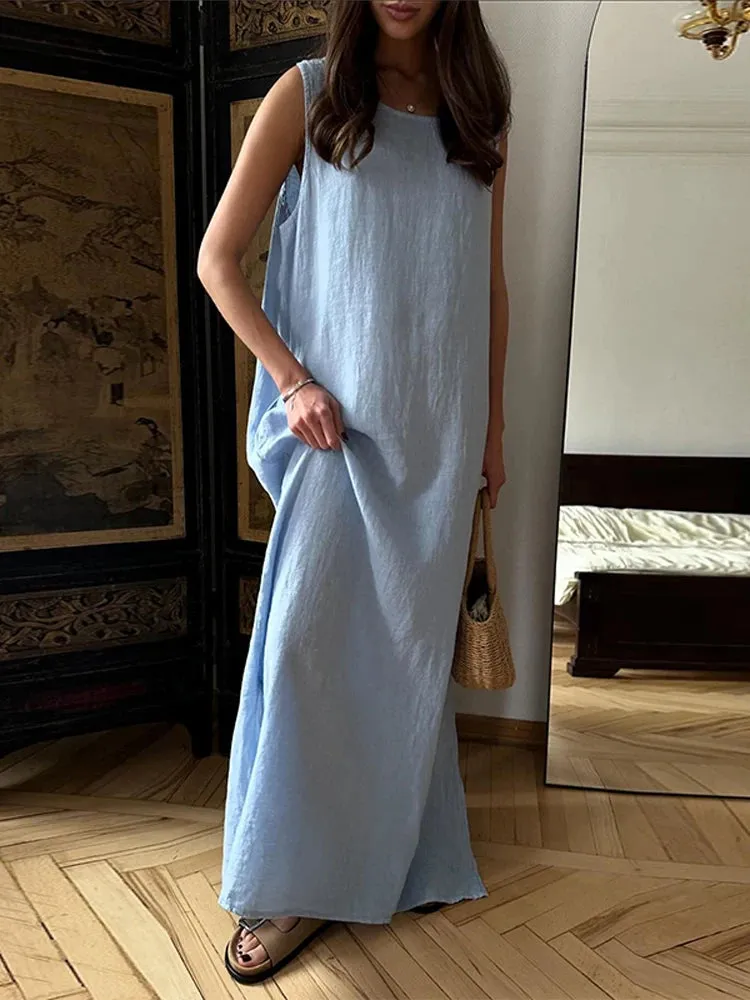 TAVIMART  -  Women Casual Solid Loose Cotton Linen Maxi Dress Elegant O-neck Sleeveless Split Dresses 2024 Summer Female Street Robes
