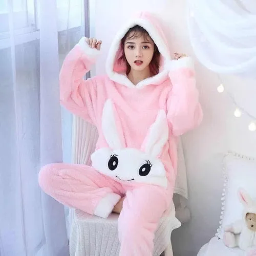 WAVMIT Winter New Women&#39;s Flannel Hooded Long Sleeve Pajamas Set Cute Leisure Women Sleepwear Set Gold Velvet Pyjamas Homewear