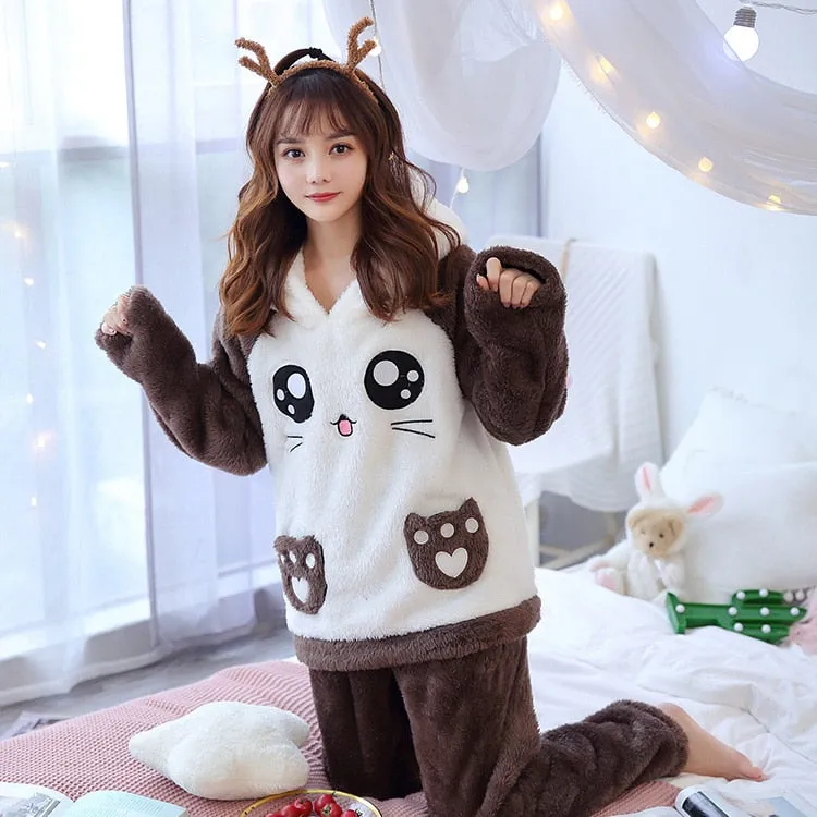 WAVMIT Winter New Women&#39;s Flannel Hooded Long Sleeve Pajamas Set Cute Leisure Women Sleepwear Set Gold Velvet Pyjamas Homewear