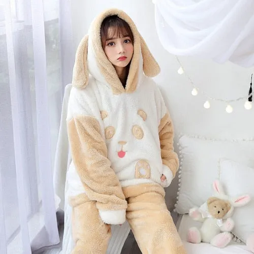 WAVMIT Winter New Women&#39;s Flannel Hooded Long Sleeve Pajamas Set Cute Leisure Women Sleepwear Set Gold Velvet Pyjamas Homewear