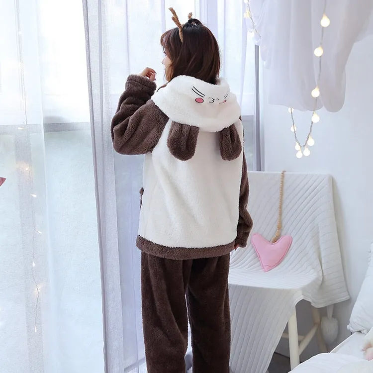 WAVMIT Winter New Women&#39;s Flannel Hooded Long Sleeve Pajamas Set Cute Leisure Women Sleepwear Set Gold Velvet Pyjamas Homewear