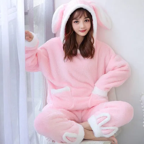 WAVMIT Winter New Women&#39;s Flannel Hooded Long Sleeve Pajamas Set Cute Leisure Women Sleepwear Set Gold Velvet Pyjamas Homewear
