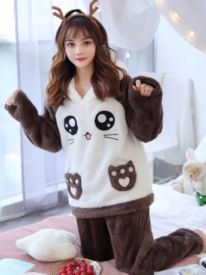 WAVMIT Winter New Women&#39;s Flannel Hooded Long Sleeve Pajamas Set Cute Leisure Women Sleepwear Set Gold Velvet Pyjamas Homewear