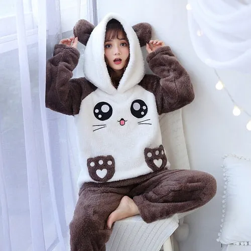 WAVMIT Winter New Women&#39;s Flannel Hooded Long Sleeve Pajamas Set Cute Leisure Women Sleepwear Set Gold Velvet Pyjamas Homewear