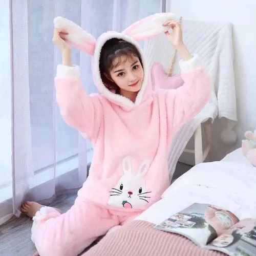 WAVMIT Winter New Women&#39;s Flannel Hooded Long Sleeve Pajamas Set Cute Leisure Women Sleepwear Set Gold Velvet Pyjamas Homewear