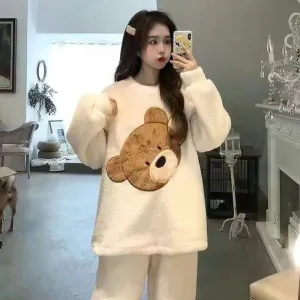 Wenkouban Winter Warm Flannel Women Pyjamas Sets Thick Coral Velvet Long Sleeve Cartoon Sleepwear Thin Flannel Pajamas Set Sleep Wear