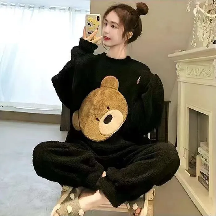 Wenkouban Winter Warm Flannel Women Pyjamas Sets Thick Coral Velvet Long Sleeve Cartoon Sleepwear Thin Flannel Pajamas Set Sleep Wear