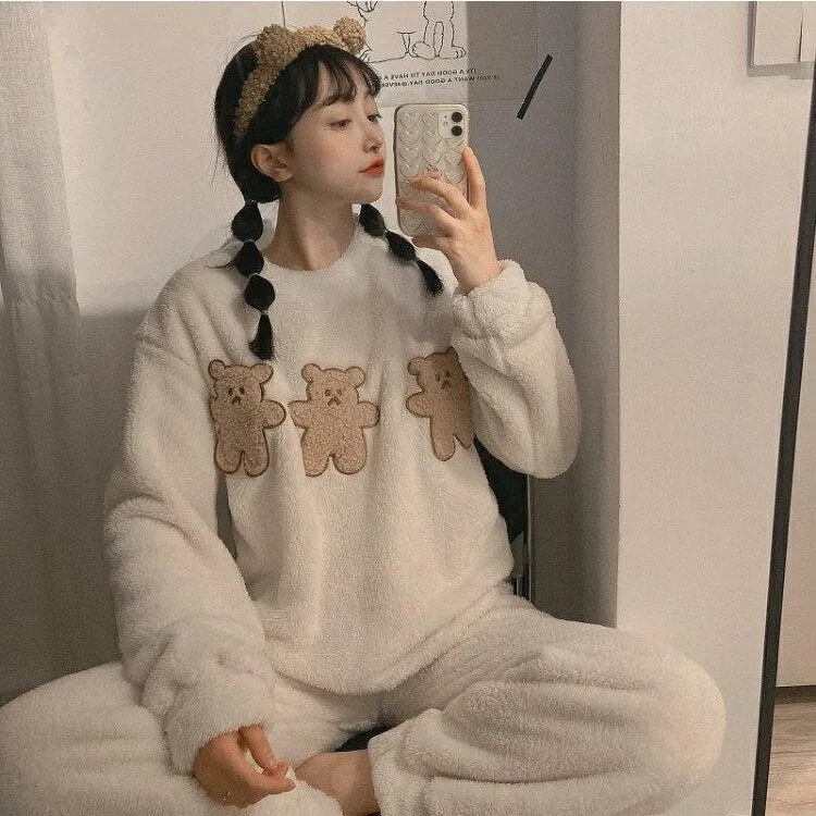 Wenkouban Winter Warm Flannel Women Pyjamas Sets Thick Coral Velvet Long Sleeve Cartoon Sleepwear Thin Flannel Pajamas Set Sleep Wear