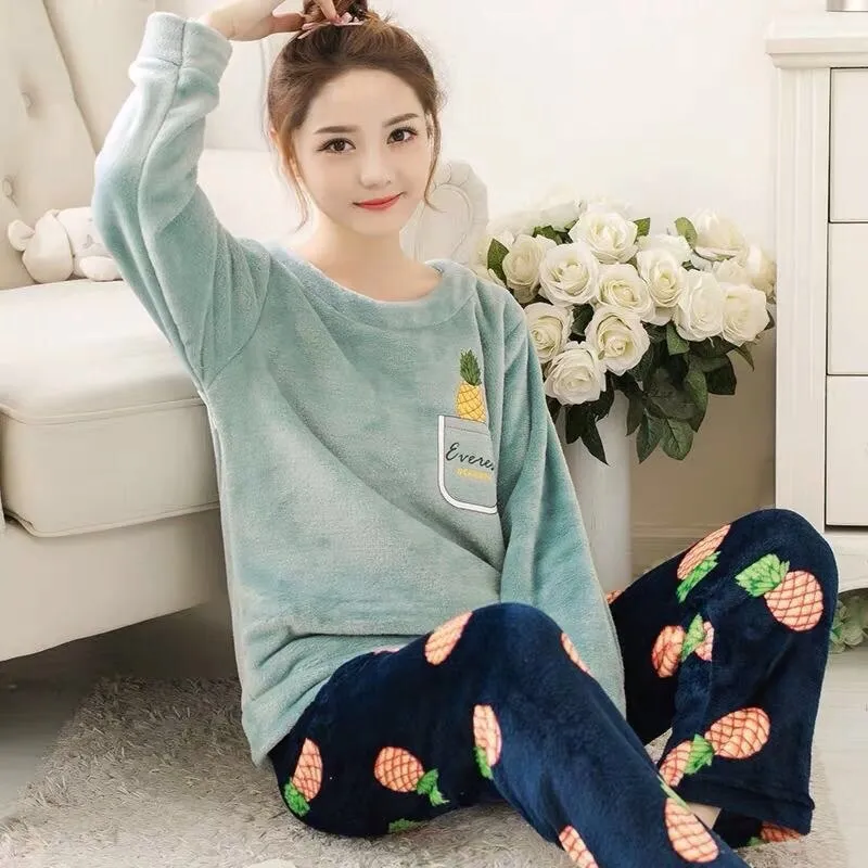 Wenkouban Winter Warm Flannel Women Pyjamas Sets Thick Coral Velvet Long Sleeve Cartoon Sleepwear Thin Flannel Pajamas Set Sleep Wear