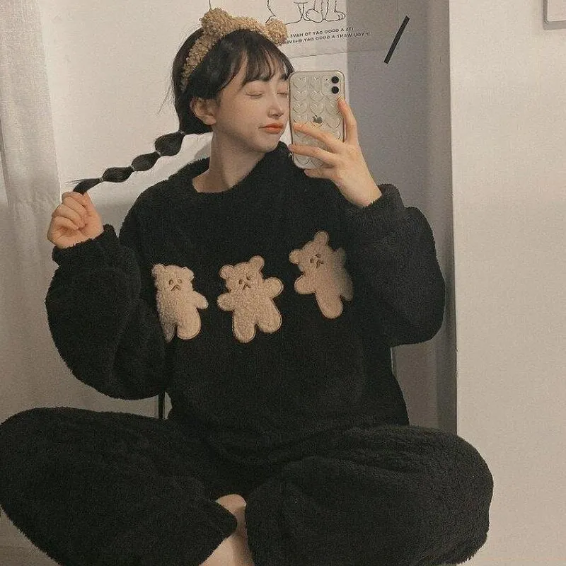 Wenkouban Winter Warm Flannel Women Pyjamas Sets Thick Coral Velvet Long Sleeve Cartoon Sleepwear Thin Flannel Pajamas Set Sleep Wear