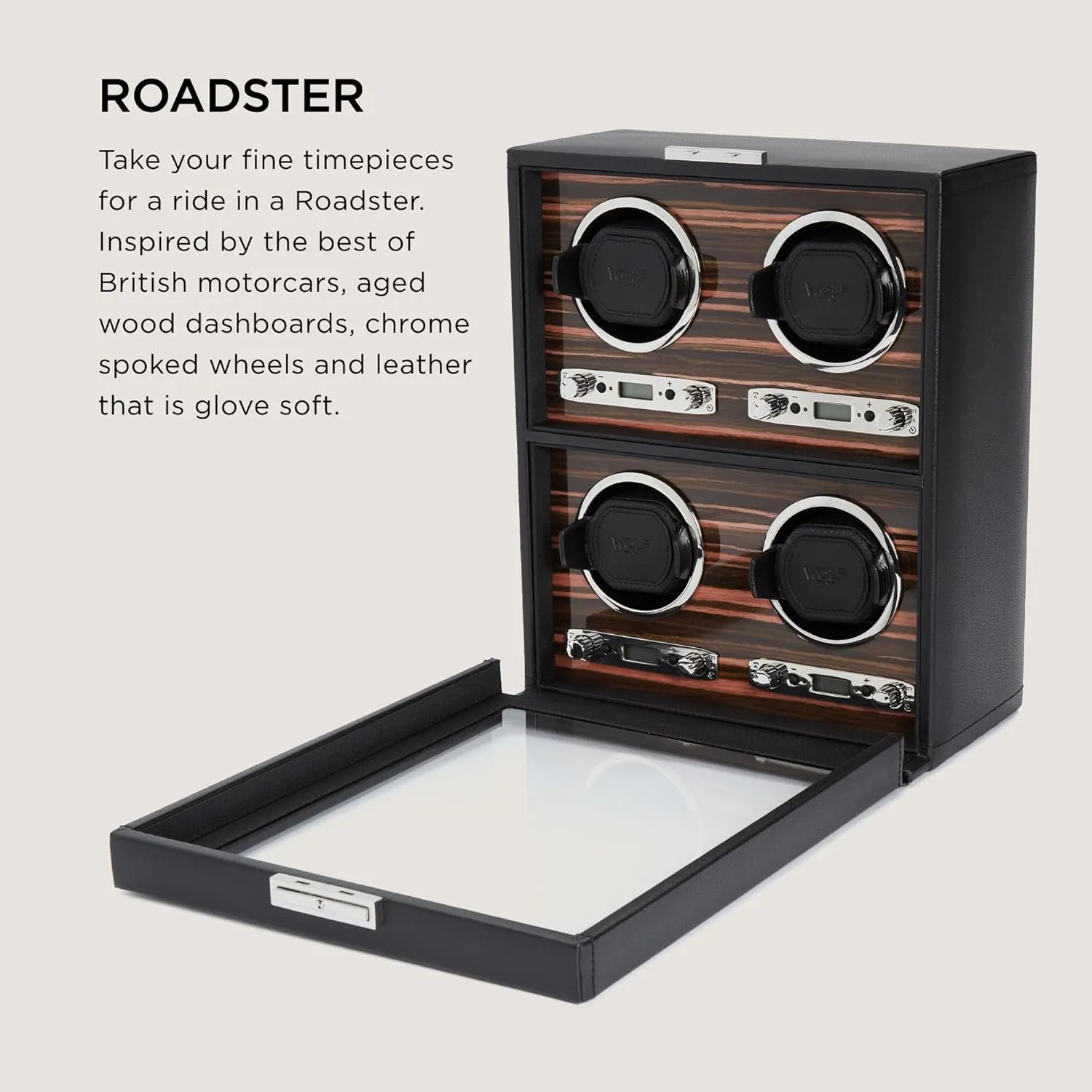 Wolf Roadster Watch Winder with Glass Cover, Black - Secure Fit with Patented Lock-in Dynamic Cuff - Accommodates All Wrist Sizes - Vegan Leather - Includes Universal Adapter