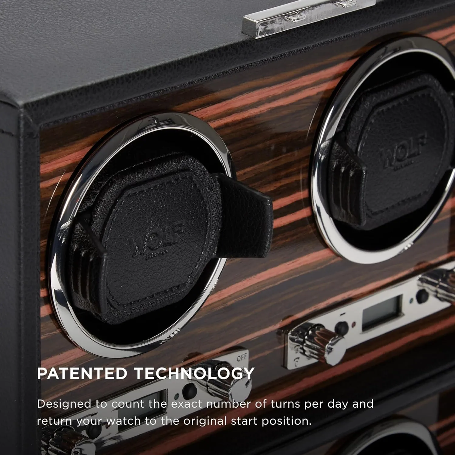 Wolf Roadster Watch Winder with Glass Cover, Black - Secure Fit with Patented Lock-in Dynamic Cuff - Accommodates All Wrist Sizes - Vegan Leather - Includes Universal Adapter