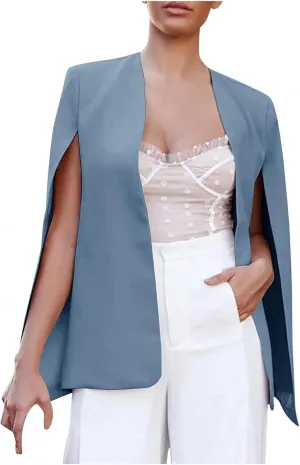Women Cape Blazer Split Sleeve Open Front Casual Jacket Loose Short Cloak Coat Cardigan Business Office Workwear