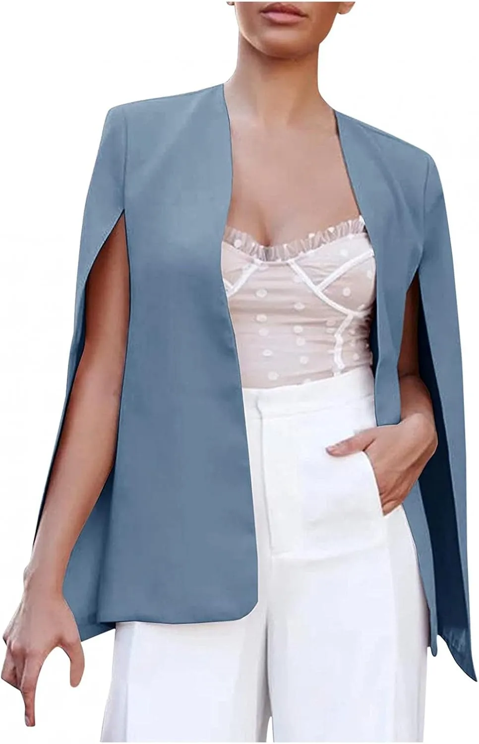 Women Cape Blazer Split Sleeve Open Front Casual Jacket Loose Short Cloak Coat Cardigan Business Office Workwear