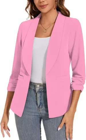 Women Casual Shawl Lapel Collar Blazer Ruched 3/4 Sleeve Open Front Business Office Suit Jacket Pocket