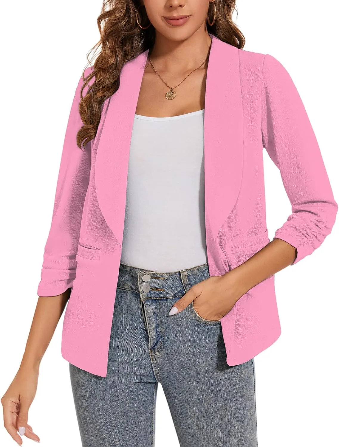 Women Casual Shawl Lapel Collar Blazer Ruched 3/4 Sleeve Open Front Business Office Suit Jacket Pocket