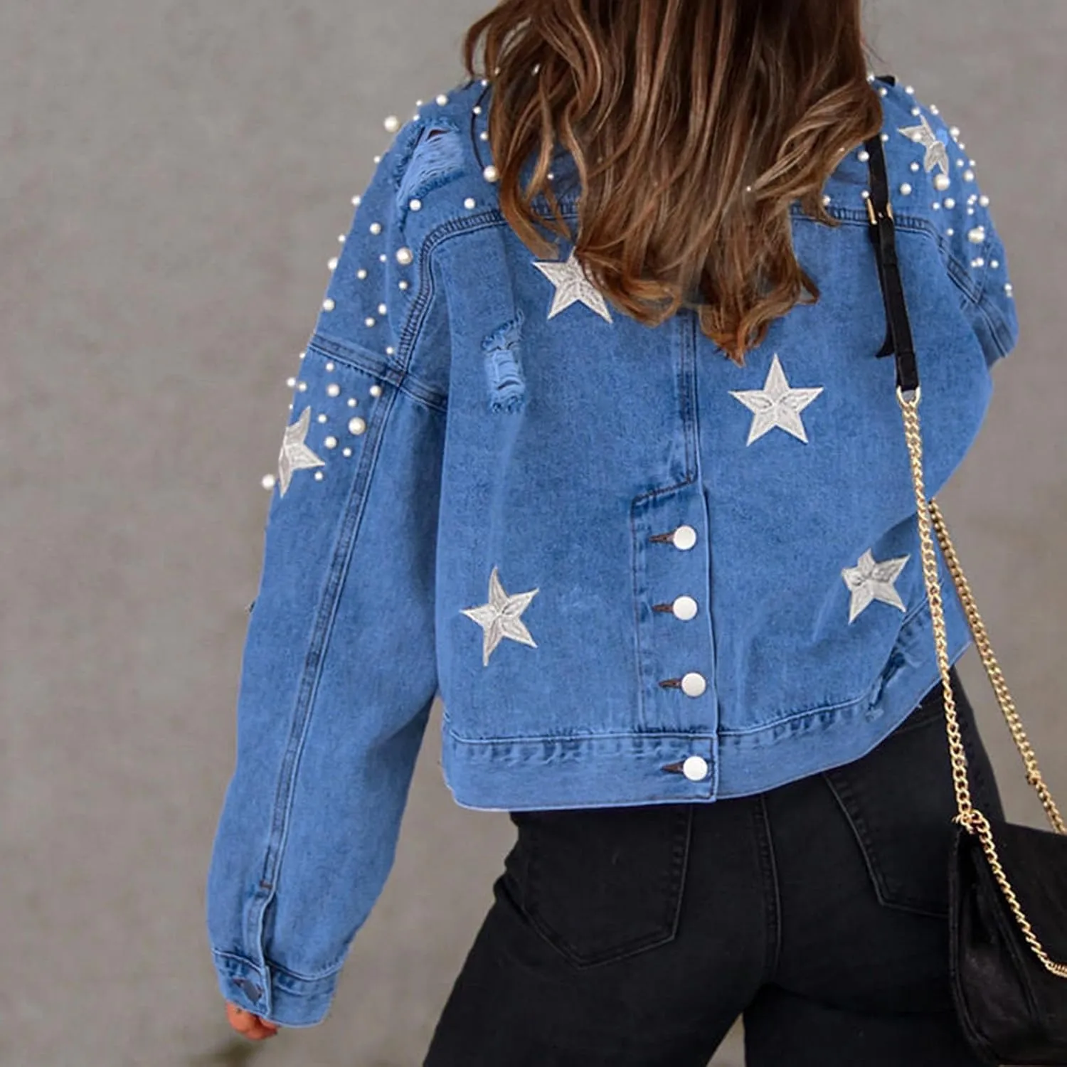 Women Embroidered Pearls Beading Crop Denim Jacket Fashion Lapel Button Down Cropped Distressed Jean Coat with Pockets