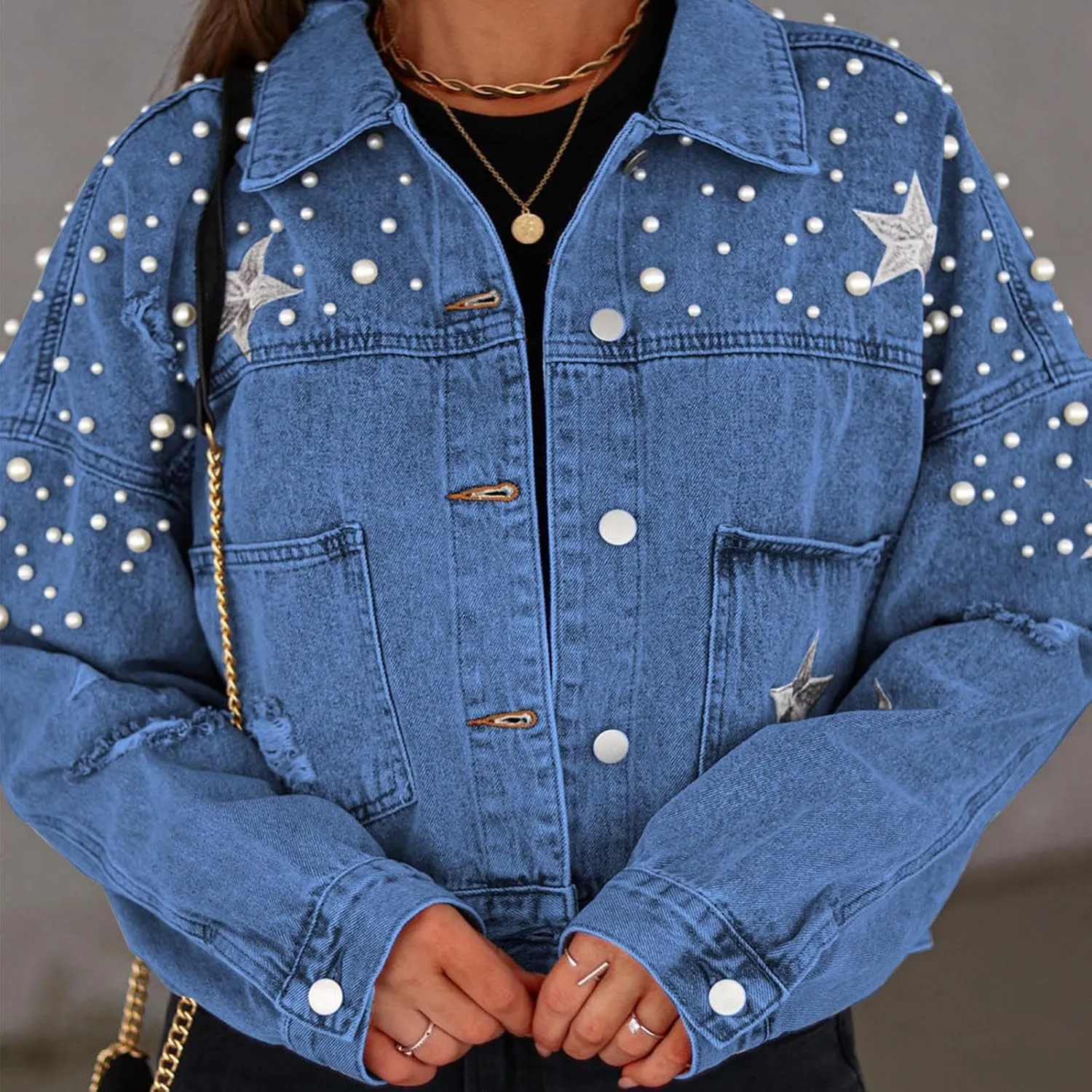 Women Embroidered Pearls Beading Crop Denim Jacket Fashion Lapel Button Down Cropped Distressed Jean Coat with Pockets