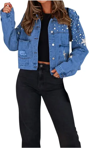 Women Embroidered Pearls Beading Crop Denim Jacket Fashion Lapel Button Down Cropped Distressed Jean Coat with Pockets
