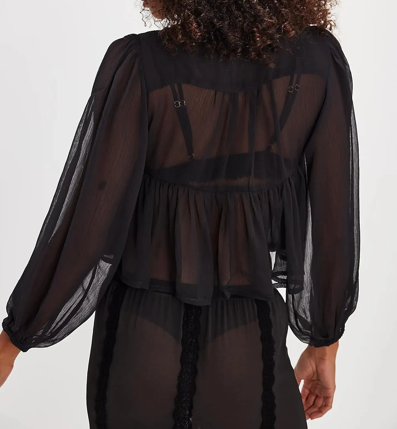 Women Ruffle Mesh Shirt Long Sleeve Tie Front Chiffon Tops Coquette See Through Sheer Frill Trim Peplum Blouse
