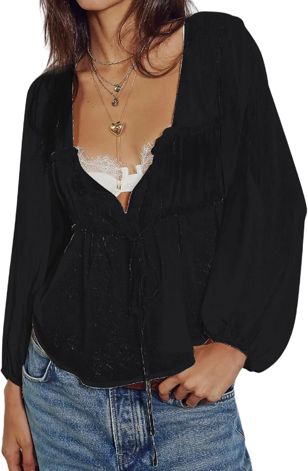 Women Ruffle Mesh Shirt Long Sleeve Tie Front Chiffon Tops Coquette See Through Sheer Frill Trim Peplum Blouse