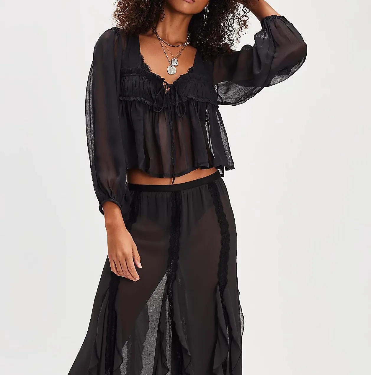 Women Ruffle Mesh Shirt Long Sleeve Tie Front Chiffon Tops Coquette See Through Sheer Frill Trim Peplum Blouse