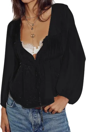 Women Ruffle Mesh Shirt Long Sleeve Tie Front Chiffon Tops Coquette See Through Sheer Frill Trim Peplum Blouse