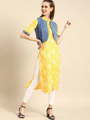 Women Yellow Calf Length Short Sleeves Straight Ethnic Motifs Printed Cotton Kurta With Jacket