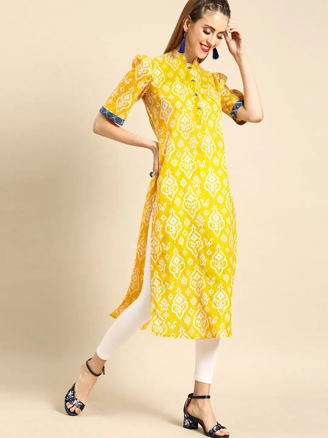 Women Yellow Calf Length Short Sleeves Straight Ethnic Motifs Printed Cotton Kurta With Jacket