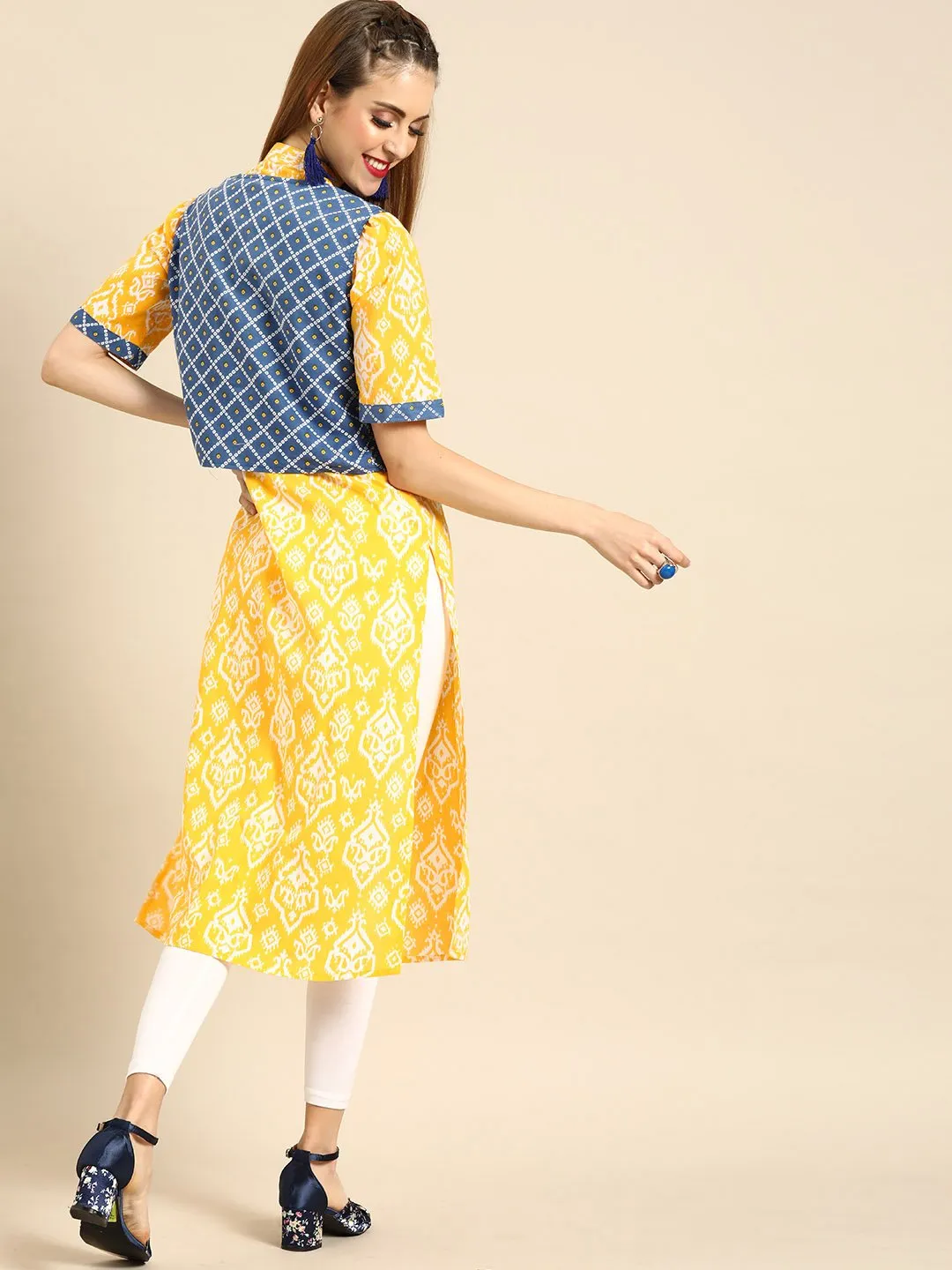Women Yellow Calf Length Short Sleeves Straight Ethnic Motifs Printed Cotton Kurta With Jacket